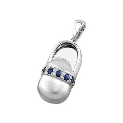 baby shoe charm pendant with birthstone in 14k white gold