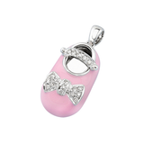 baby shoe charm pendant with diamond bow and strap in pink enamel in 14k white gold