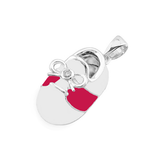 baby shoe charm pendant with diamond bow in white and red enamel in 14k white gold