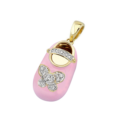 baby shoe charm pendant with diamond butterfly and strap in pink in 18k yellow gold