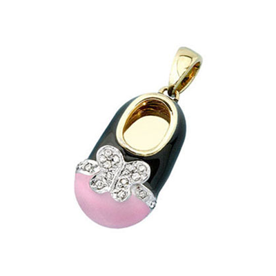 baby shoe charm pendant with diamond butterfly and pink toe