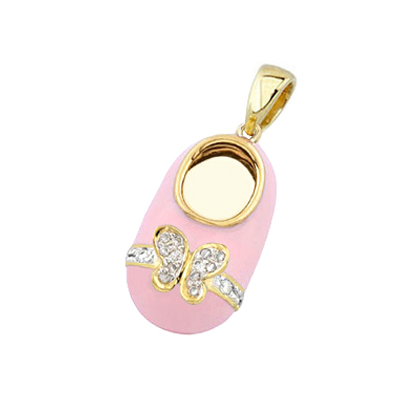 baby shoe charm pendant with diamond butterfly and pink color in 14k yellow gold